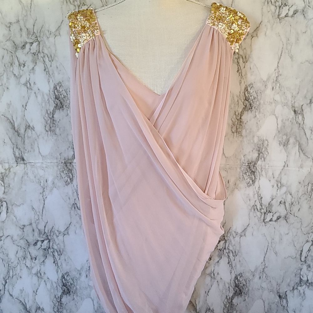 Elegant Pink Draped Dress with Gold Sequin Shoulders